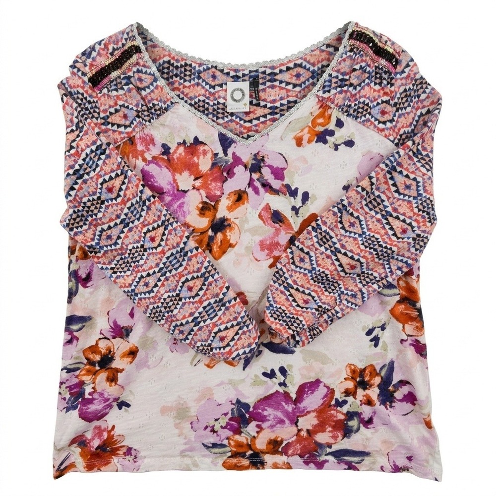 Akemi + Kin Top Women L Floral Geometric Mixed Media V-Neck Anthropology